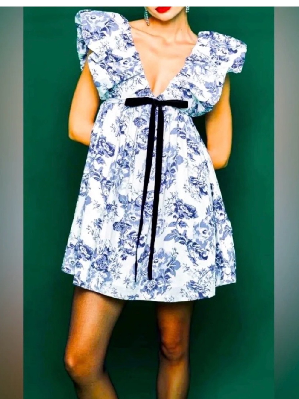Blue Floral Mini Dress with Black Velvet Tie